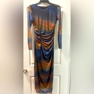 Tie Dye Ruched Detail Mesh Midi Dress